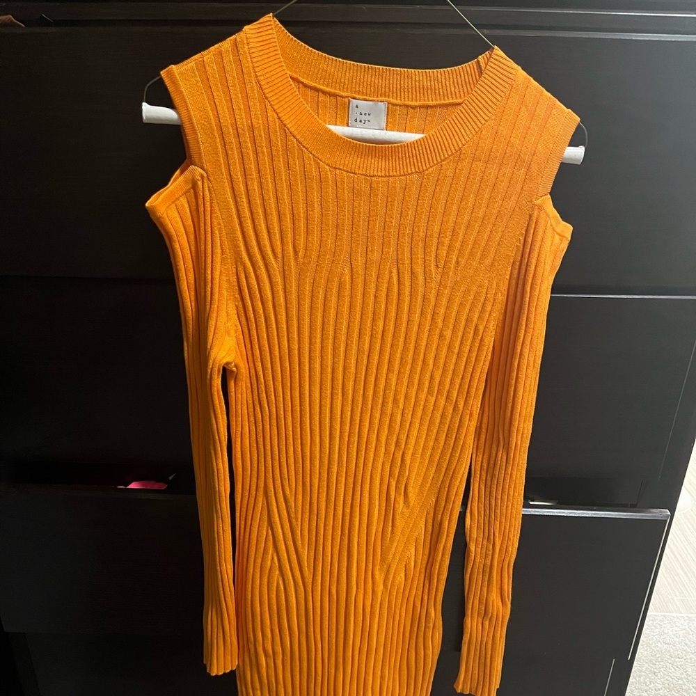 Orange Ribbed Long Sleeve Dress
